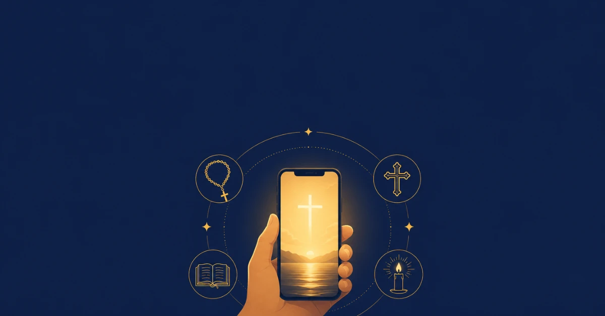 Five best Catholic prayer apps for 2026 shown on a phone