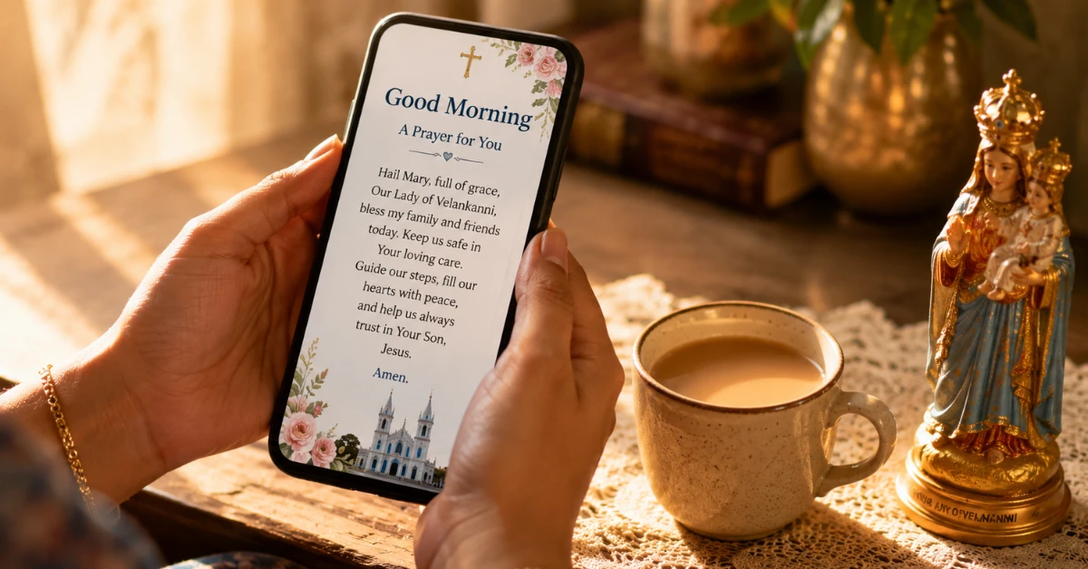 A woman reading a morning prayer on a WhatsApp family prayer group beside a cup of tea
