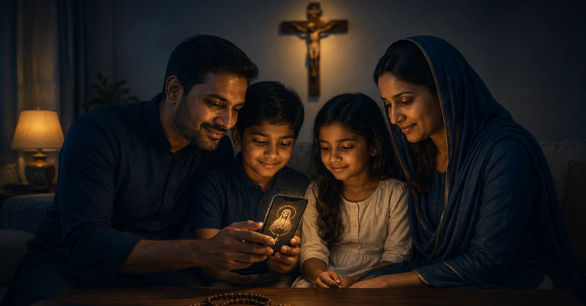 A Catholic family gathered around a phone starting a WhatsApp prayer group