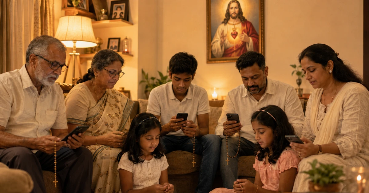 A multigenerational Catholic family praying the Rosary together inspired by their WhatsApp prayer group