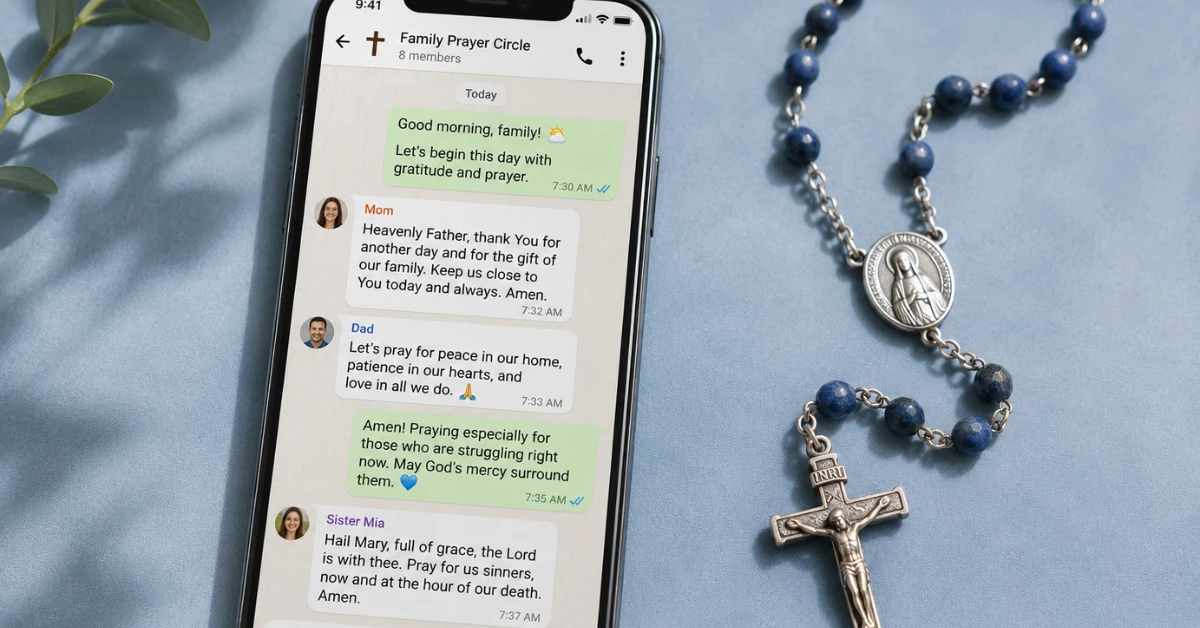 A smartphone showing a Catholic family prayer group on WhatsApp with a cross icon