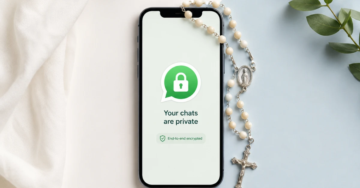 A smartphone with a WhatsApp privacy lock icon beside rosary beads on a clean background